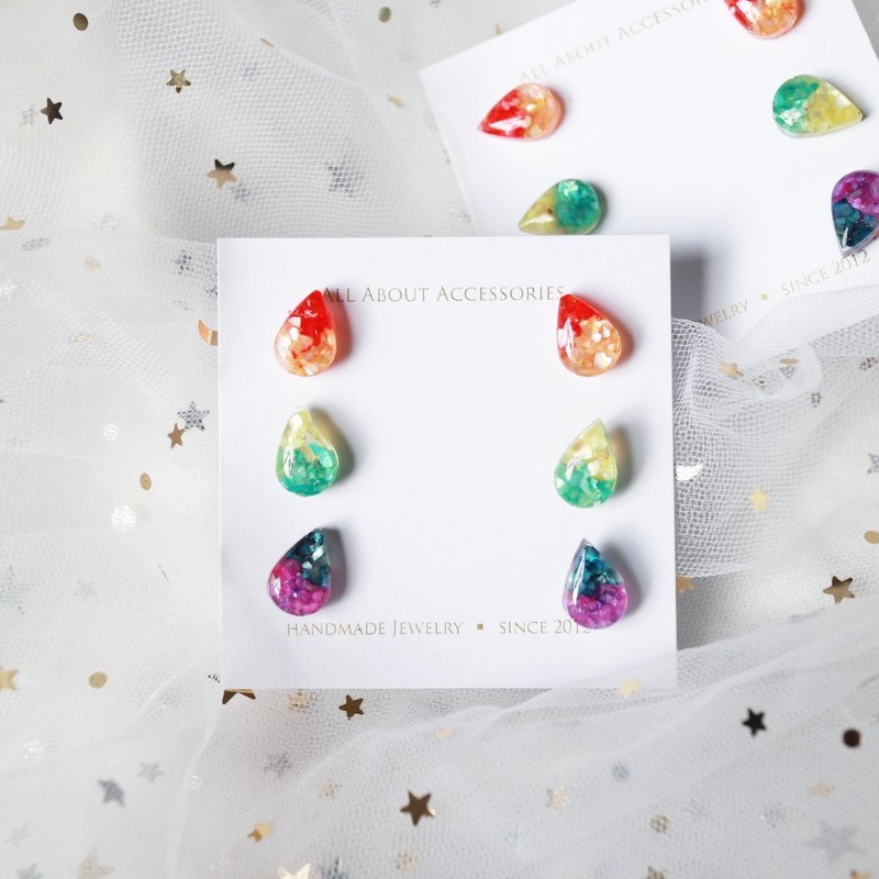 彩虹小水滴6件组耳环 - 耳环/耳夹 - 其他材质 多色