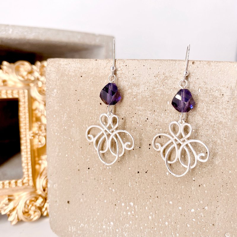 纯银 复古徽章 925 施华洛水晶防敏感耳环 - 耳环/耳夹 - 纯银 紫色