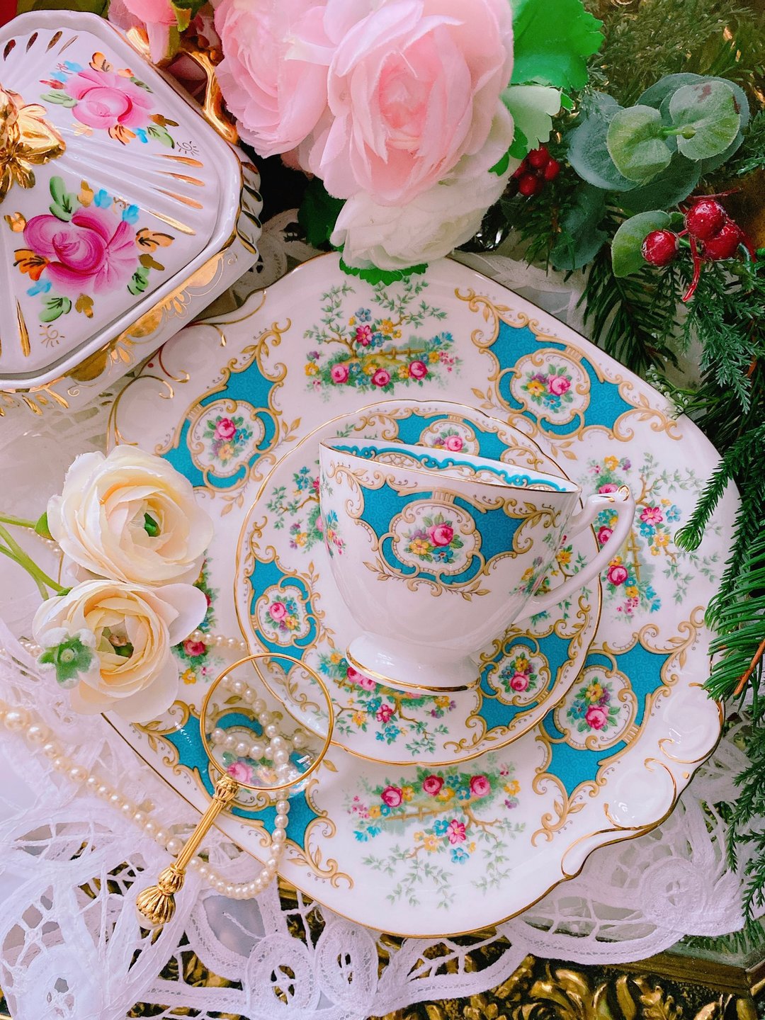 英国制 Coalport 手绘骨瓷喜鹊玫瑰花茶杯咖啡杯古董杯两件组库存 - 茶具/茶杯 - 瓷 