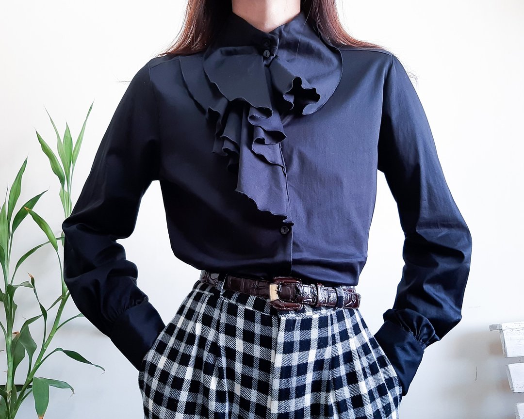 NARA CAMICIE 维多利亚哥特式黑色衬衫高领荷叶边衬衫女款 M 码 - 女装衬衫 - 棉．麻 黑色