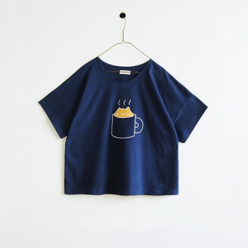 一杯猫汤T恤：海军蓝 - 女装 T 恤 - 棉．麻 蓝色
