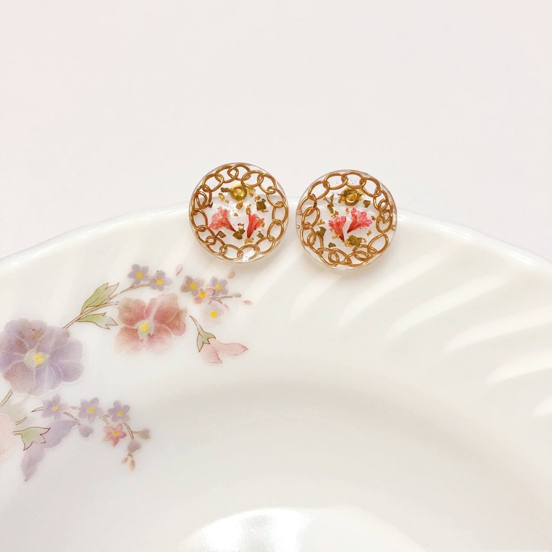 链条大圆形耳环 原创 手作 干燥花 日本树脂 日系 透明 宫廷风 - 耳环/耳夹 - 树脂 透明