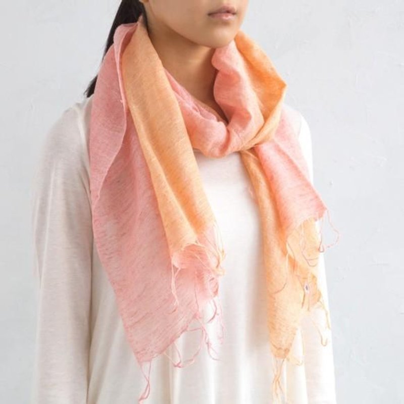 草木染混麻围巾 樱染粉红色・橘色 - 丝巾 - 其他材质 橘色