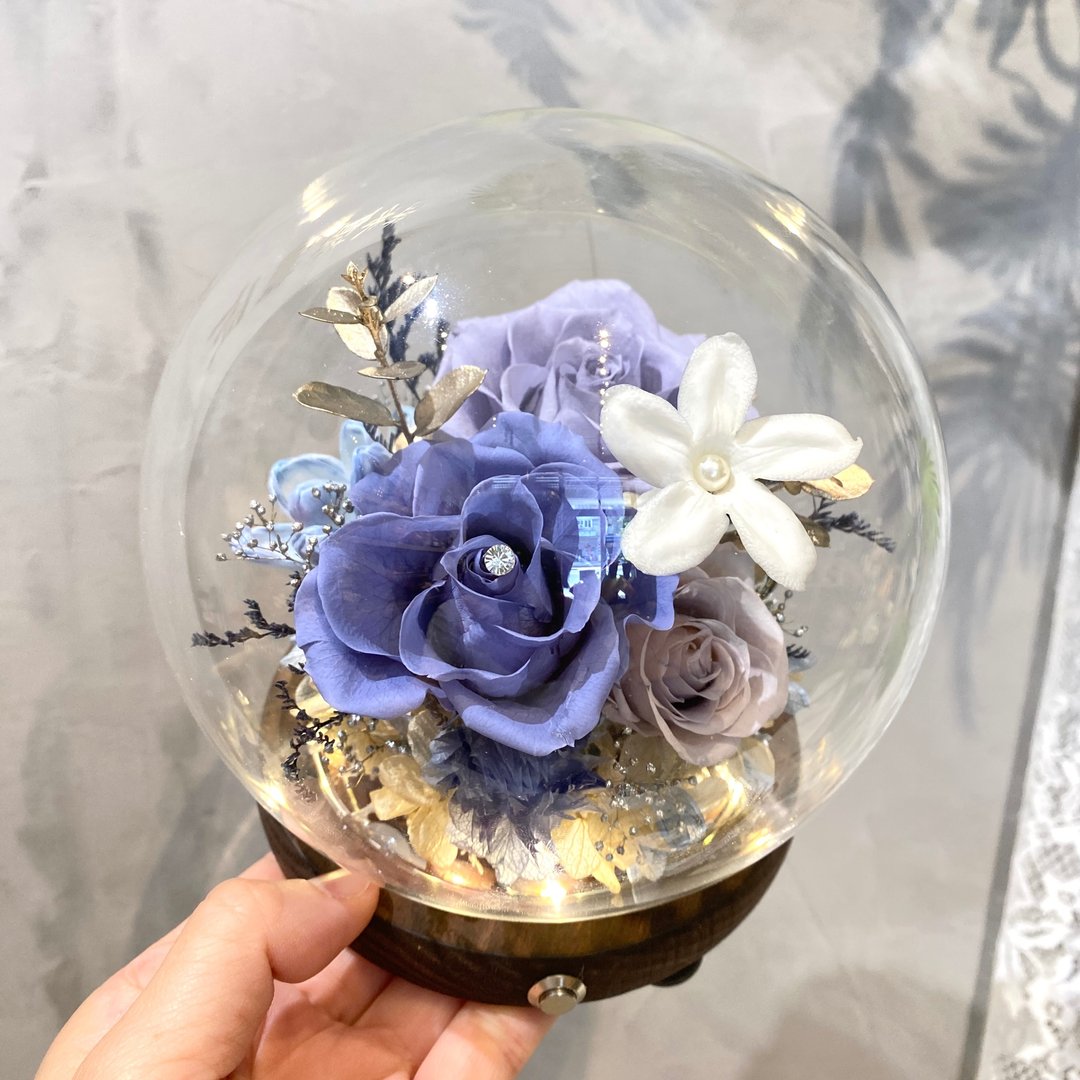 莫兰迪蓝 水晶球小夜灯 永生花 送礼 定制色系 - 干燥花/捧花 - 植物．花 蓝色