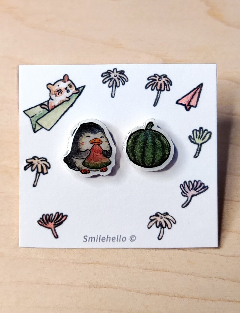 耳钉 / 耳夹 / 耳环 手工制作 企鹅吃瓜瓜 - 一对 - 耳环/耳夹 - 其他材质 多色