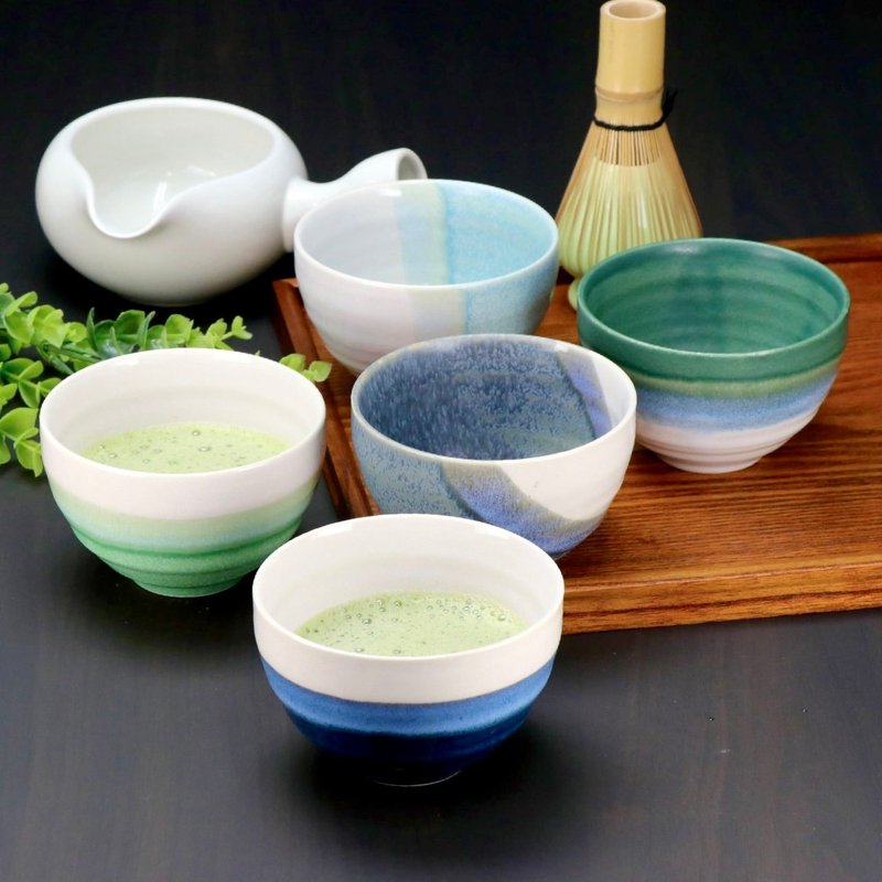美浓烧-清碧流波抹茶碗5入礼盒 - 碗 - 陶 绿色