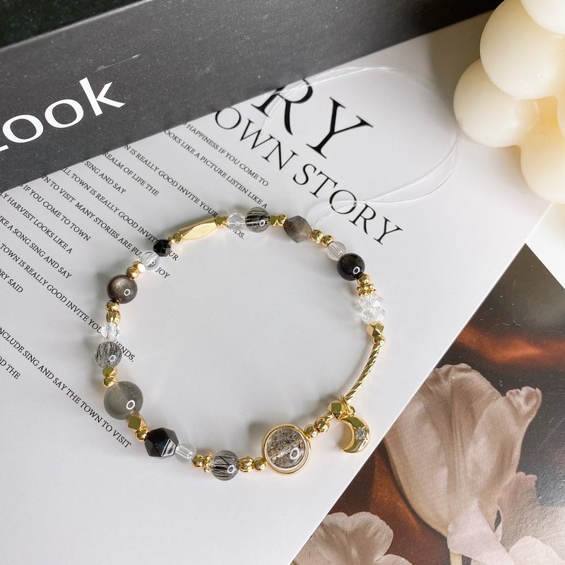 噬光 黑云母 黑超七 黑曜石 银月光 水晶矿石弹性手链手环 - 手链/手环 - 珍珠 