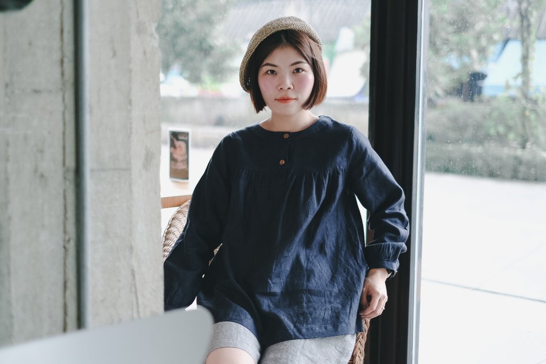 Evangaline 长袖亚麻布 只在pinkoi上 - 女装上衣 - 棉 蓝色