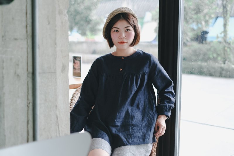 Evangaline 长袖亚麻布 只在pinkoi上 - 女装上衣 - 棉．麻 蓝色