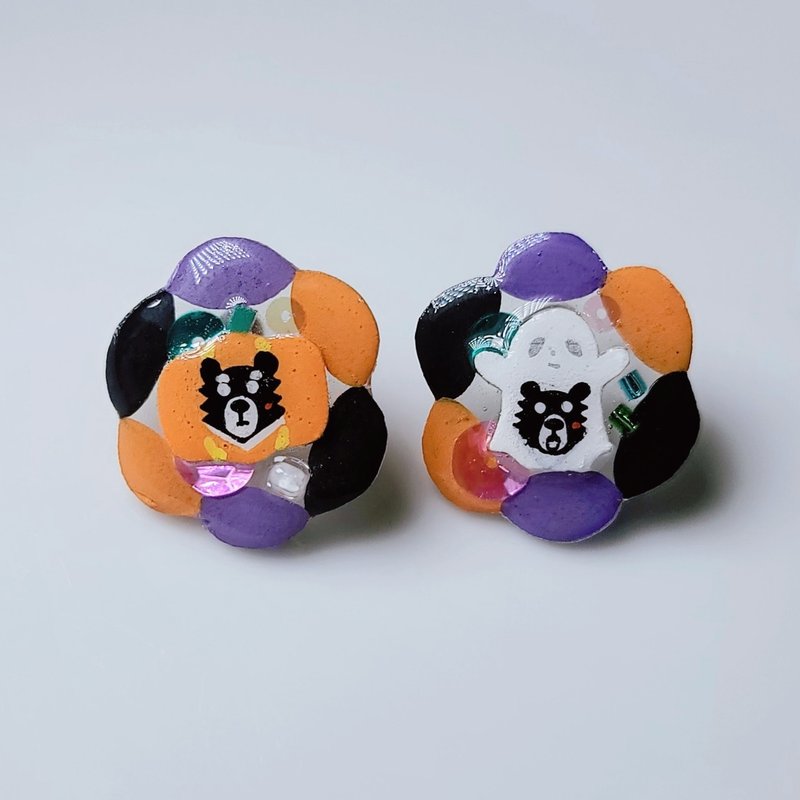 万圣节系列 惊讶黑熊 手绘热缩片 耳环 戒指 - 耳环/耳夹 - 不锈钢 多色