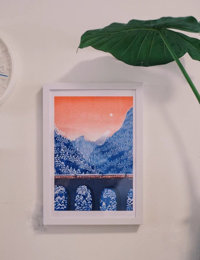 A4 Riso 印品  慢车穿越雪山 双色Risograph原创插画孔版印刷版画 - 墙贴/壁贴 - 纸 红色