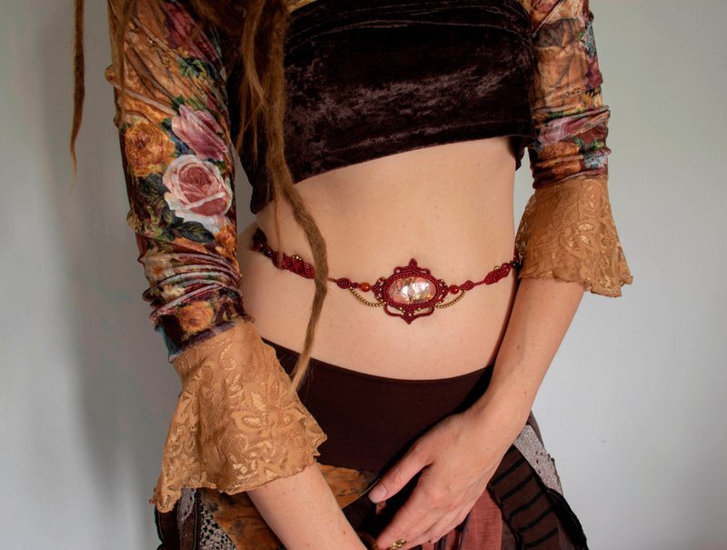 红色编织腰带，碧玉肚饰，吉普赛风格身体饰品 - 皮带/腰带 - 宝石 红色
