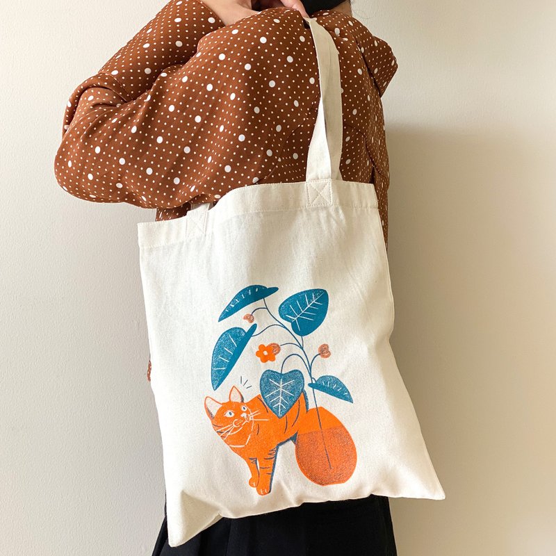 Tote Bag B5 Size  // Cat&Plants Illustration // Screen Print // Orange × Ramune - 手提包/手提袋 - 棉．麻 橘色