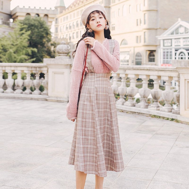 初春女士穿搭格子中长款可脱卸背带裙 YHD81244 - 裙子 - 聚酯纤维 卡其色