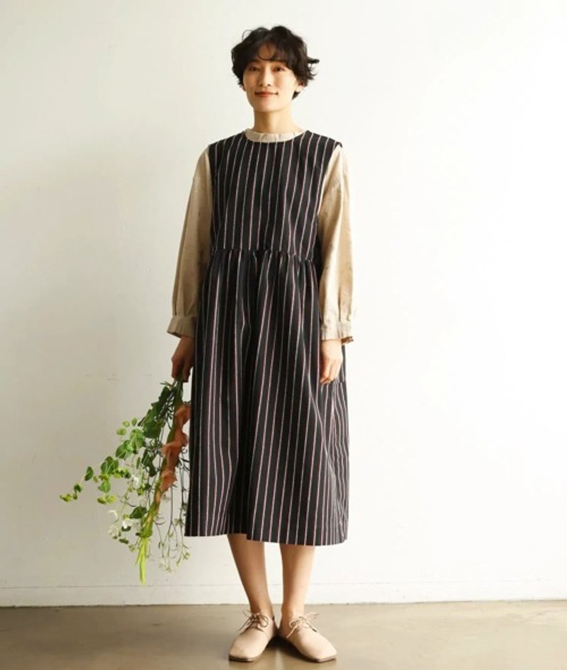 四季实穿无袖条纹连身裙 棉麻混纺 透气亲肤 黑色　240414-2 - 女装上衣 - 棉．麻 