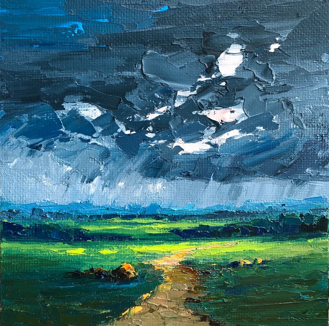 Original Stormy Landscape Cloudy Sky Artwork Road Oil Painting Impasto Art - 墙贴/壁贴 - 棉 多色