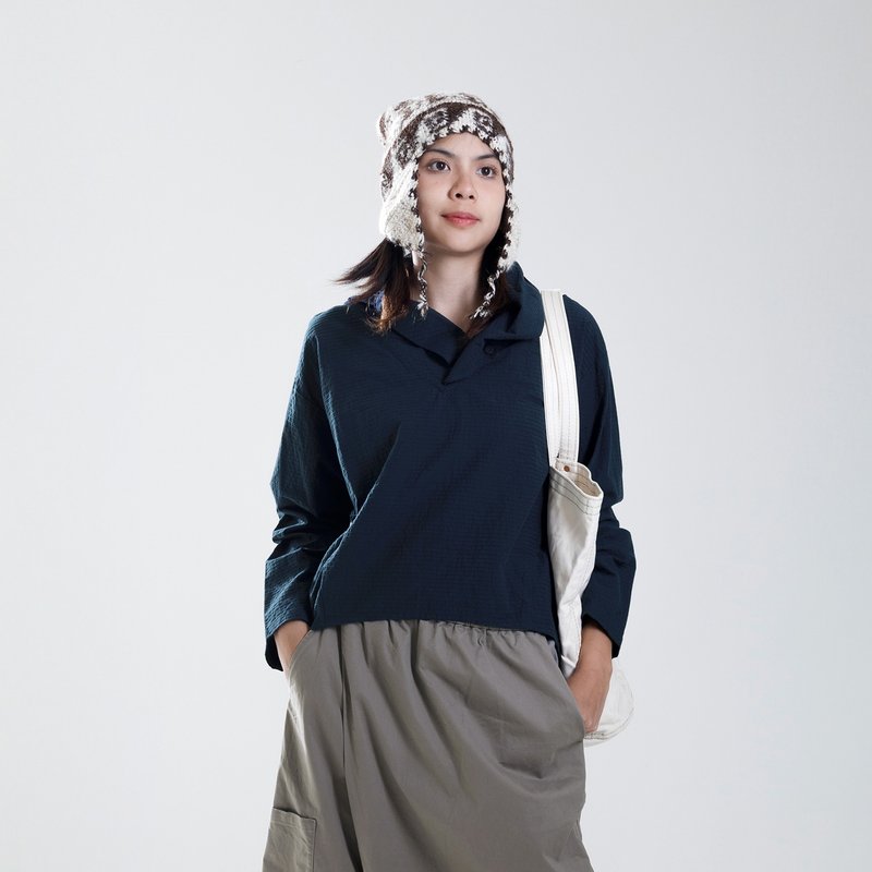 立体线织纹V领单扣上衣 - 女装上衣 - 棉．麻 蓝色