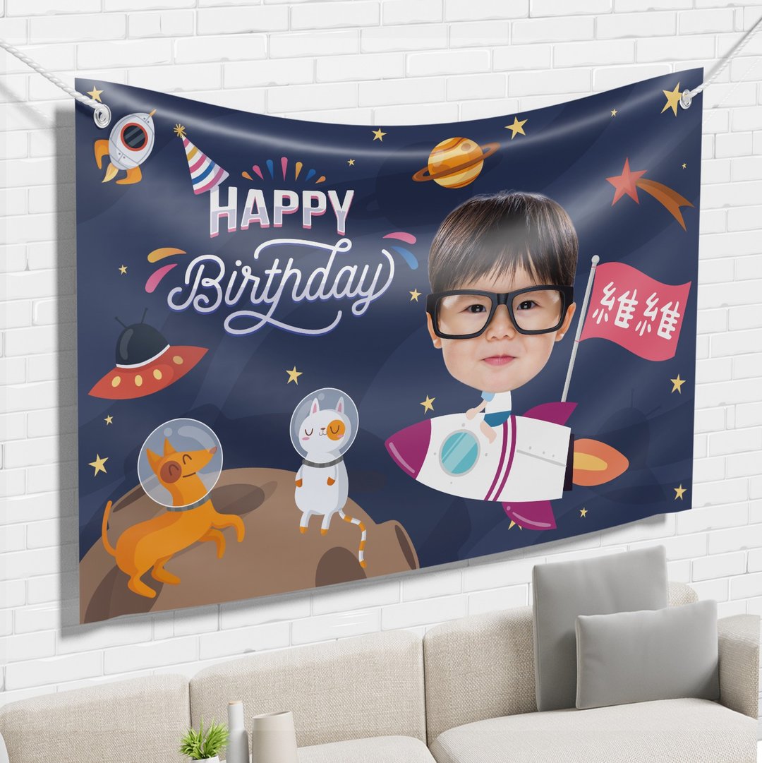 太空火箭照片生日布条 生日布条 专属布条 生日派对 定制化礼物 - 其他 - 聚酯纤维 蓝色