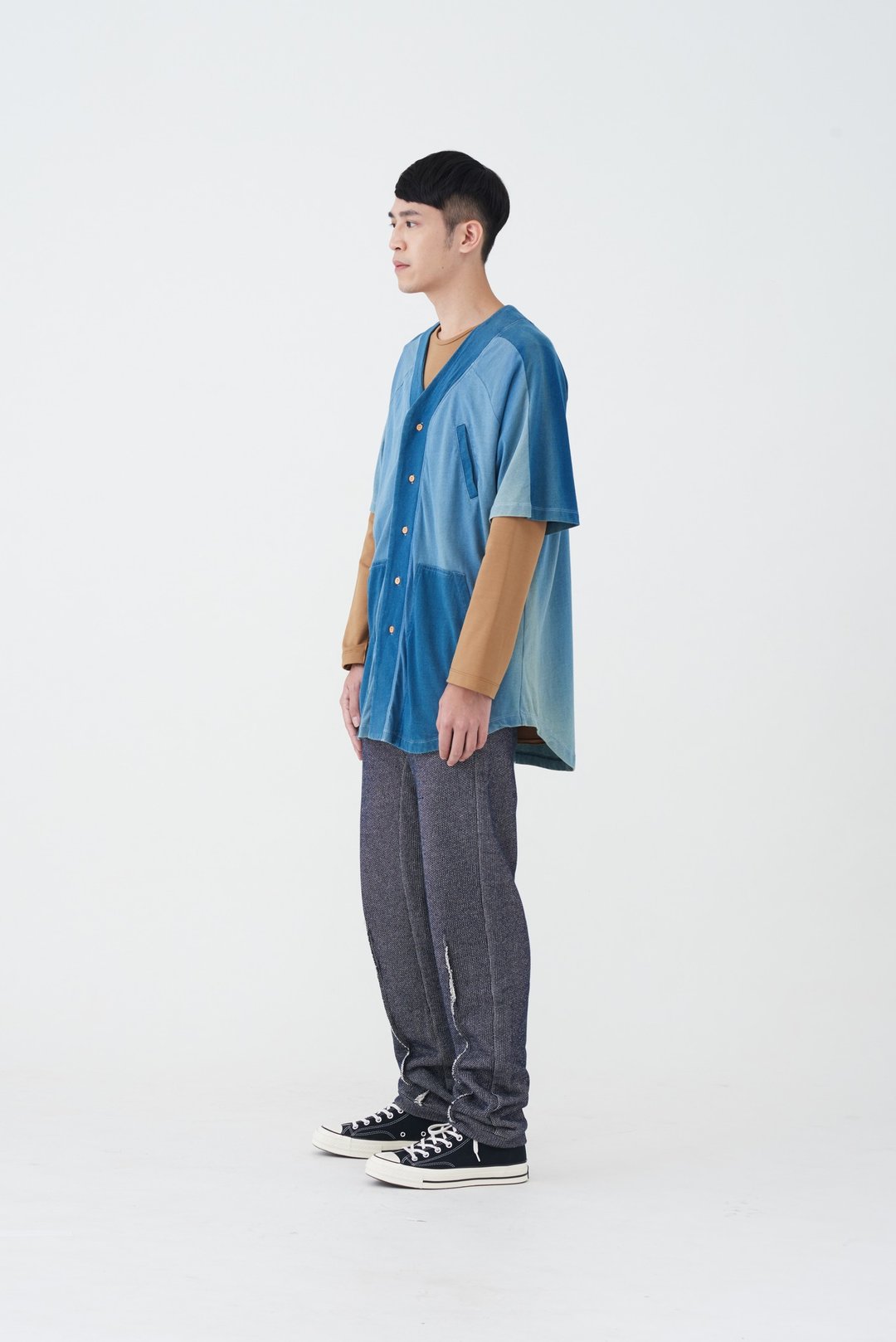 牛仔棒球衫 - 双层染色丹宁棉料 休闲造型上衣 - 男装上衣/T 恤 - 棉 蓝色