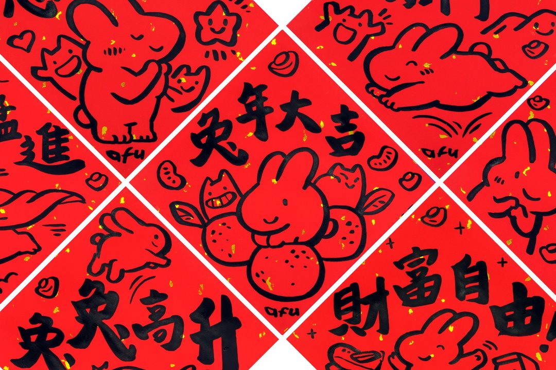 afu手绘春联【兔/大白兔】多款可选 - 红包/春联 - 纸 红色