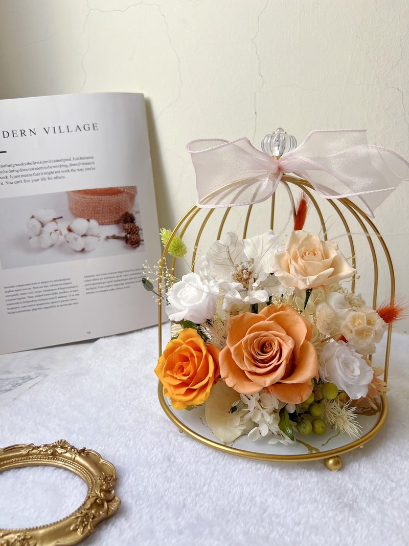 【flower-of-life】金奢鸟笼永生花礼 温暖奶橘花架 祝贺花礼 - 干燥花/捧花 - 植物．花 橘色