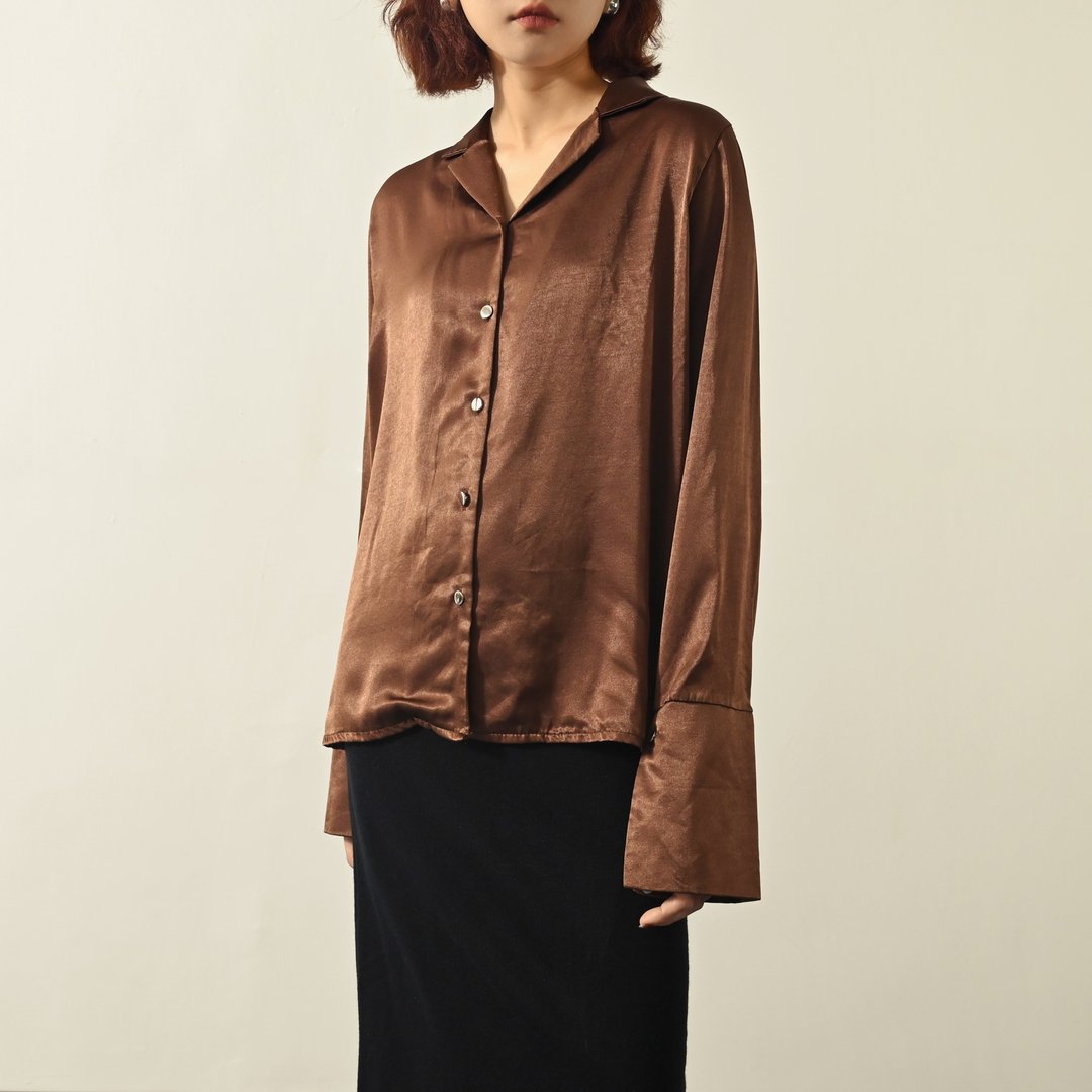 【NaSuBi Vintage】加宽袖口缎面古着衬衫 - 女装衬衫 - 其他人造纤维 