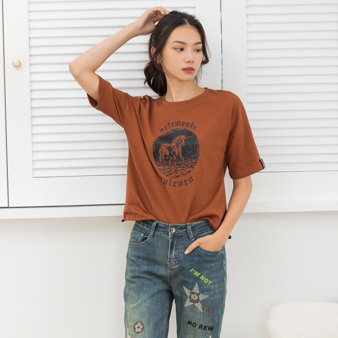 【MEDUSA】棕黑织带宽版运动上衣(M-XL) | 女休闲上衣 短袖上衣 - 女装 T 恤 - 棉 咖啡色