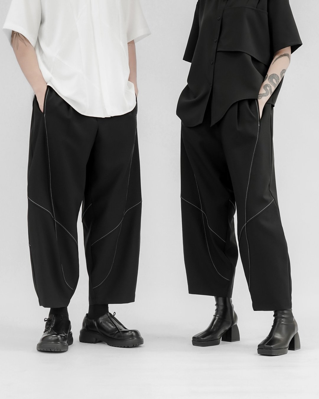 MUKK DESIGN 撞色车线剪接锥形裤 - 男士长裤 - 聚酯纤维 黑色