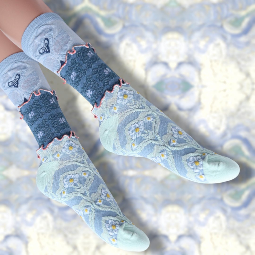 蓝×粉 彩色荷叶边袜子 抢眼袜子 个性袜子 22.5〜25 女性袜子 socks - 袜子 - 其他材质 蓝色