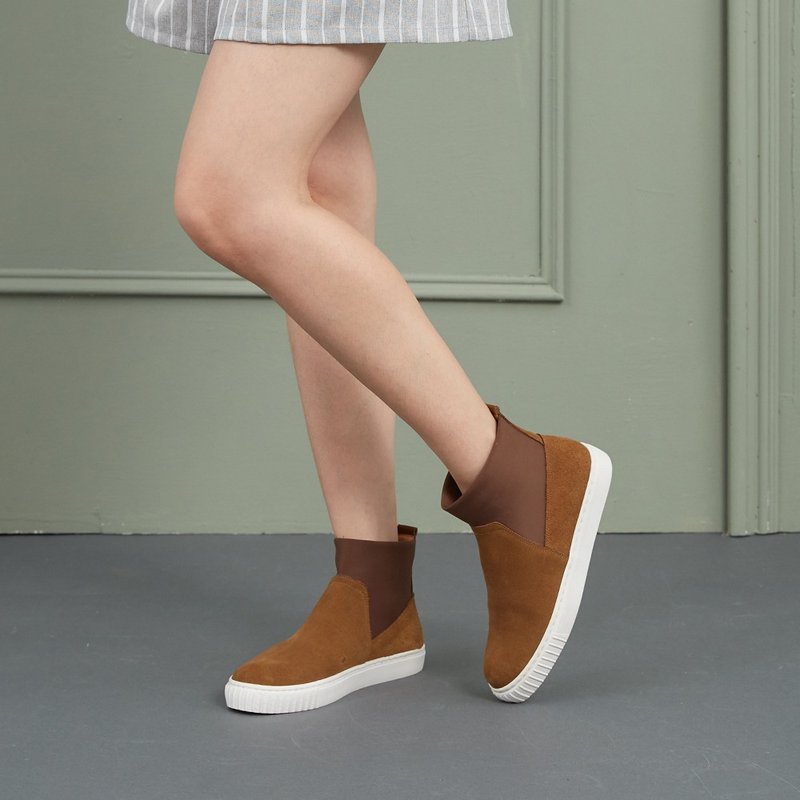 【漫步雨季】3M防水牛绒拼接莱卡休闲短靴_芥黄慵懒 - 女款短靴 - 真皮 金色