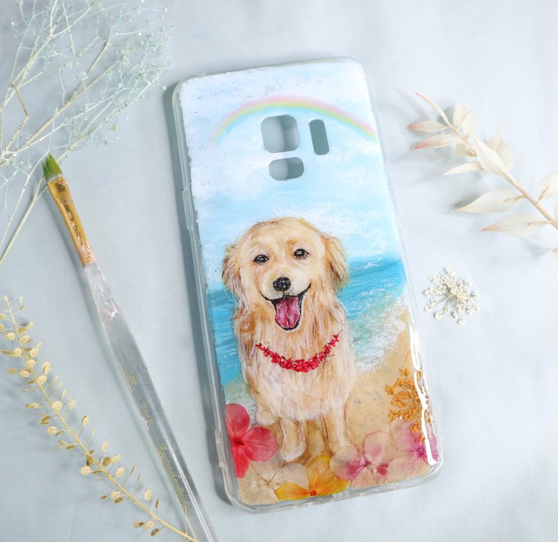 定制化手绘宠物押花手机壳 | 狗狗 金毛寻回犬 - 手机壳/手机套 - 植物．花 蓝色
