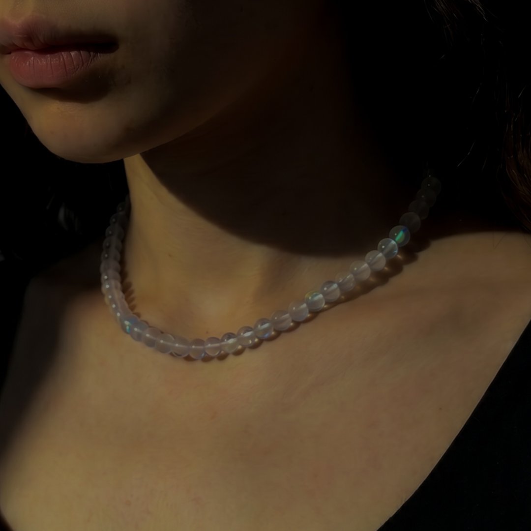 FAUX RAINBOW MOONSTONE NECKLACE 6MM - 项链 - 不锈钢 透明