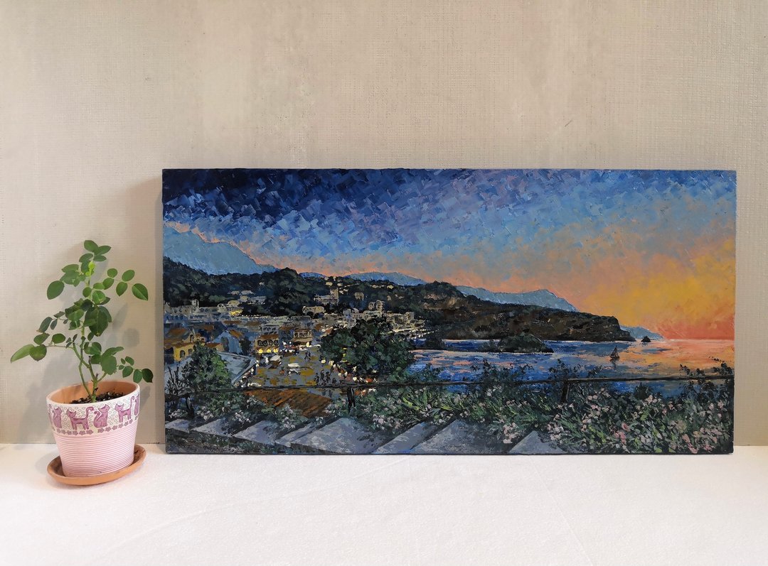 Sunset in Crete, Seascape Original Art Oil Painting on Canvas - 墙贴/壁贴 - 其他材质 