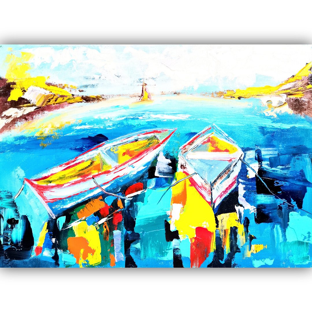 Boat Painting, Seascape Original Art ,Sailboat Painting ,Travel Artwork Home Art - 海报/装饰画/版画 - 棉 多色