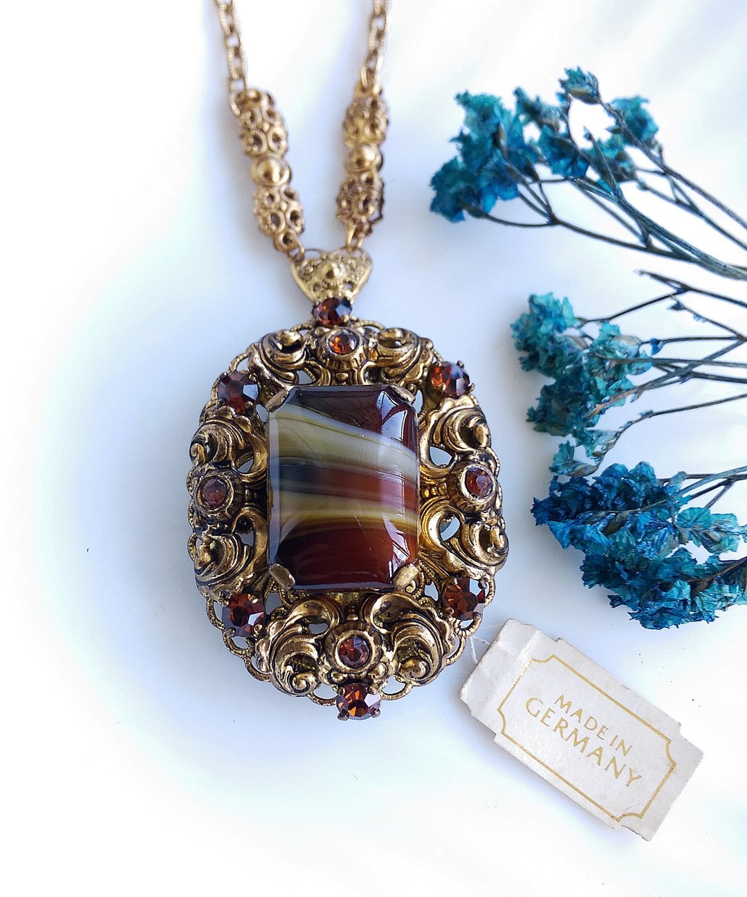 Vintage Jewelry 西洋古董饰品 西德制 方形玛瑙 别针 项链 两用 - 徽章/别针 - 其他金属 金色