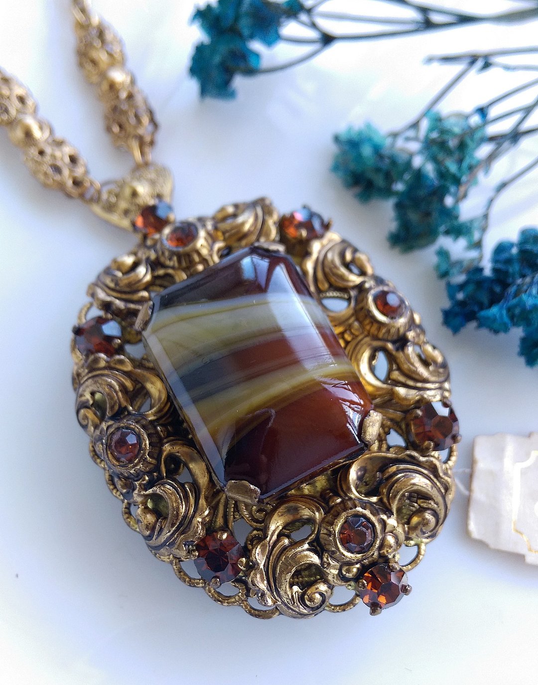 Vintage Jewelry 西洋古董饰品 西德制 方形玛瑙 别针 项链 两用 - 徽章/别针 - 其他金属 金色