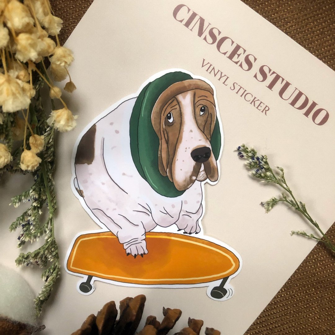 可爱狗狗插画贴纸 忧郁巴吉度滑板犬 防水贴纸 行李箱贴 - 贴纸 - 纸 
