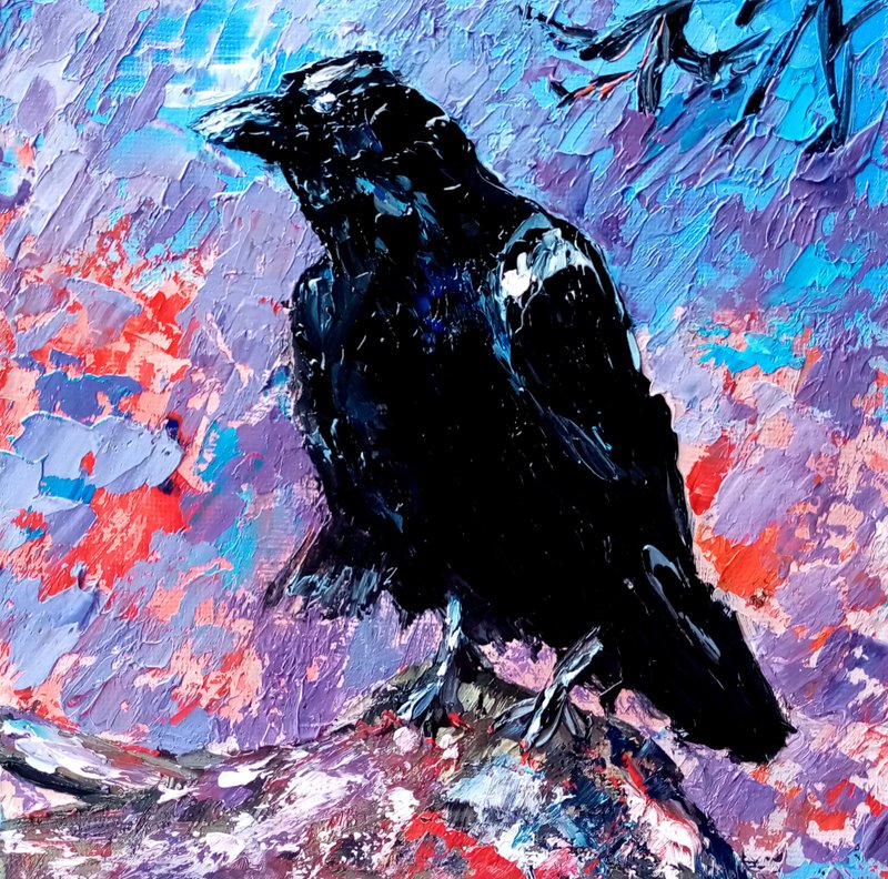 Crow Painting Bird Original Art Small Artwork Raven Painting Oil Impasto - 海报/装饰画/版画 - 其他材质 多色