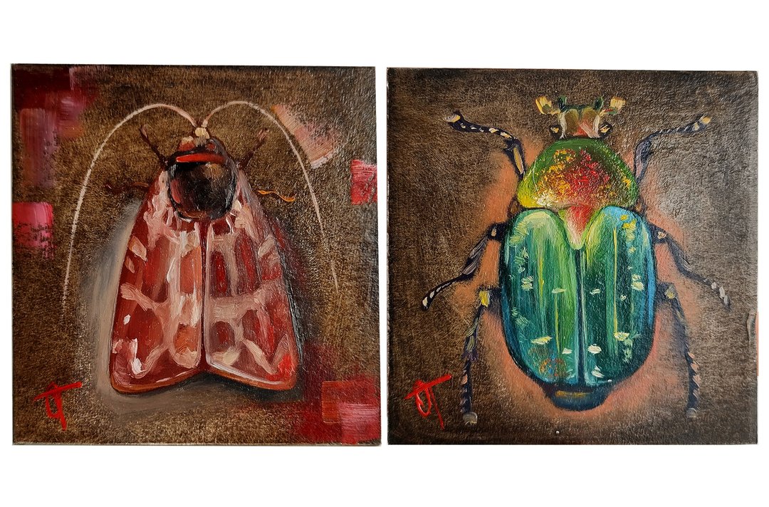 昆虫微型画 2 件套，油画 10*10 厘米，原创双联画艺术品 - 墙贴/壁贴 - 其他材质 多色