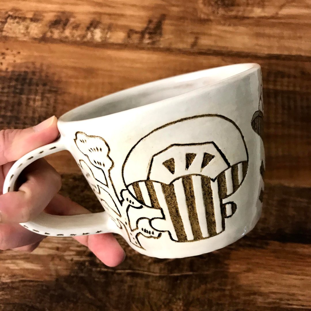 【小丸 森林 复古】手刻线条  小花  花圈   马克杯  咖啡杯 - 其他杯子 - 陶 白色