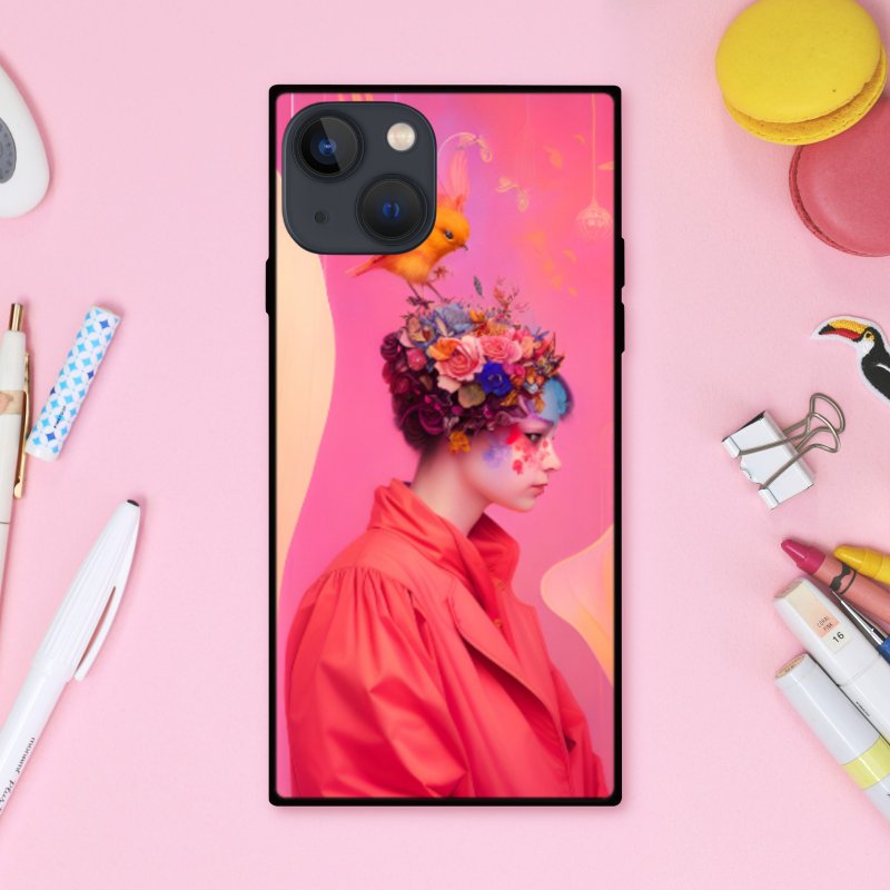 梦幻可爱珊瑚粉童话风时髦女孩与花鸟图案 方形手机壳【强化玻璃处理】适用于 iPhone16 - 手机壳/手机套 - 塑料 多色