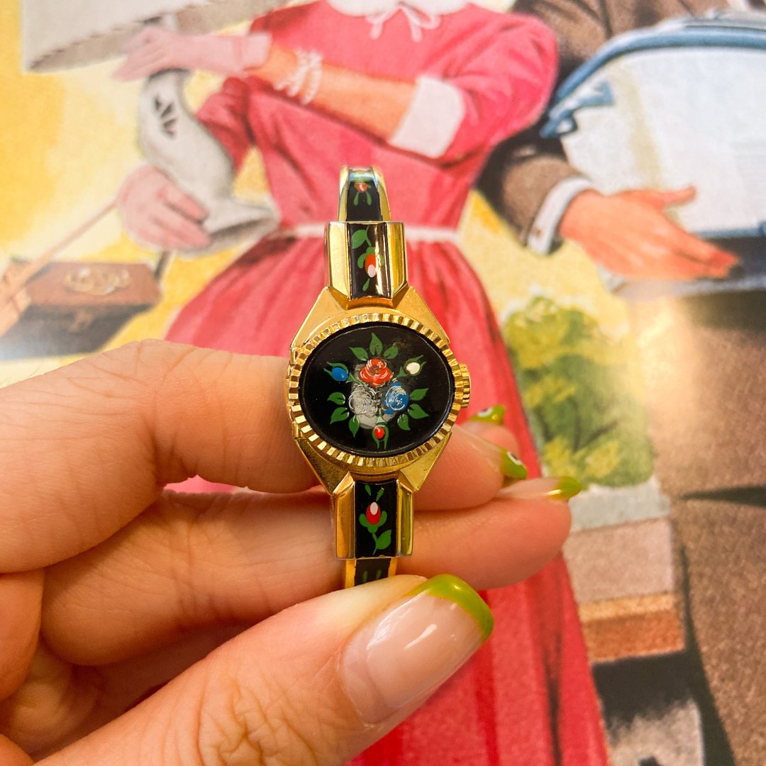 中古3朵小花揭盖式上链手扼表(坏的) (瑞士制造) - 女表 - 其他金属 黑色