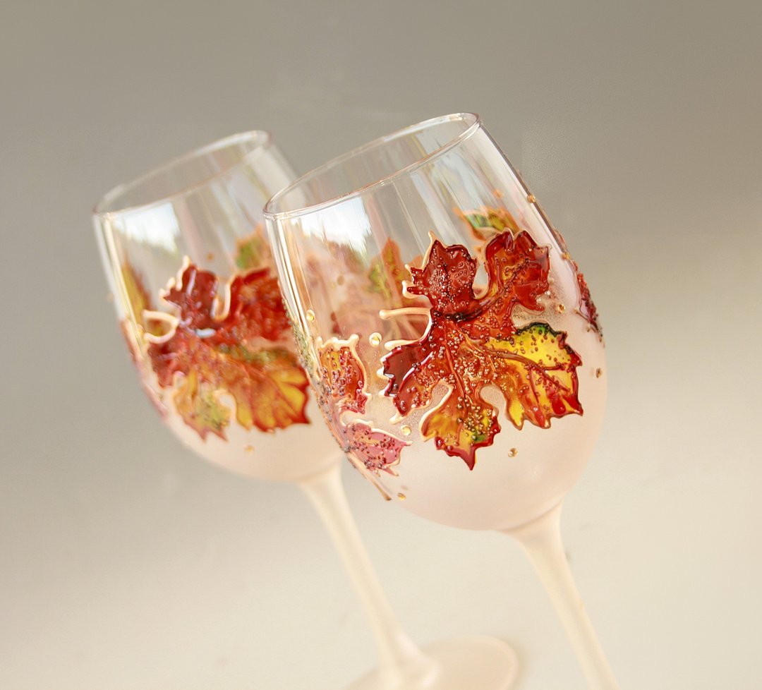 Autumn Leaves Wine Glasses Fall Bride Hand Painted, set of 2 - 酒杯/酒器 - 玻璃 橘色