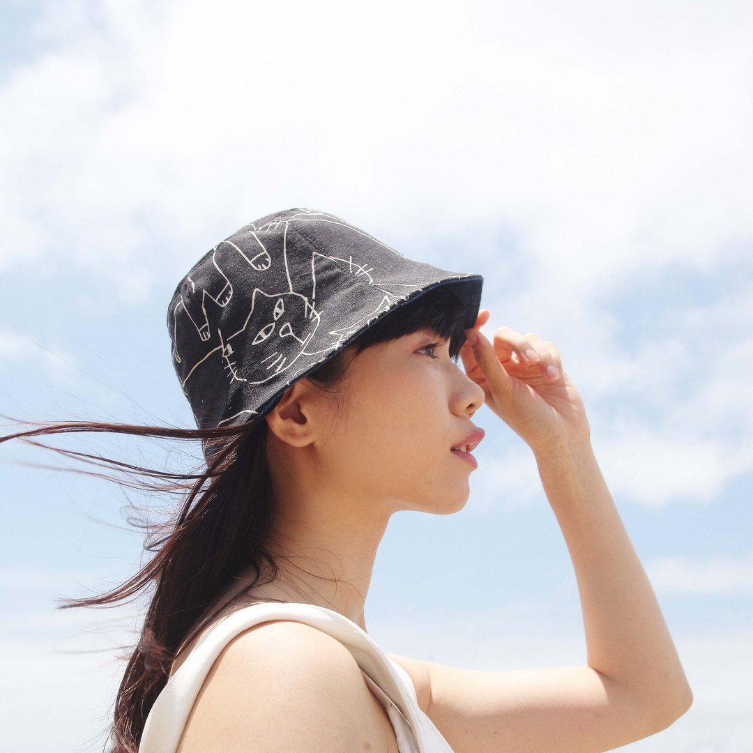 双面帽子 _ 手绘线条猫咪 - 帽子 - 棉 黑色