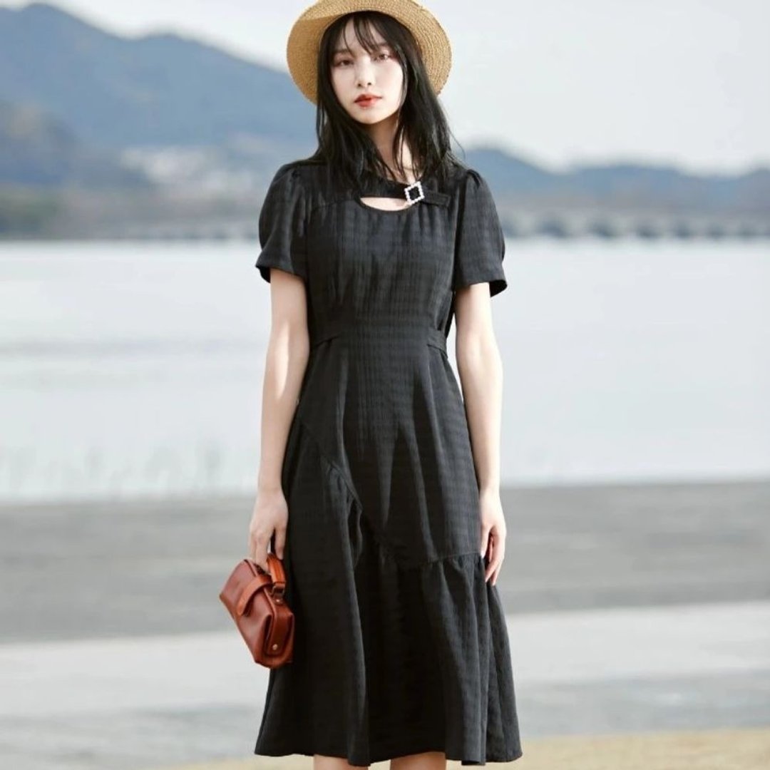 安妮陈黑色法式连衣裙女新款夏季收腰百搭显瘦气质裙子垂坠感 - 洋装/连衣裙 - 聚酯纤维 黑色