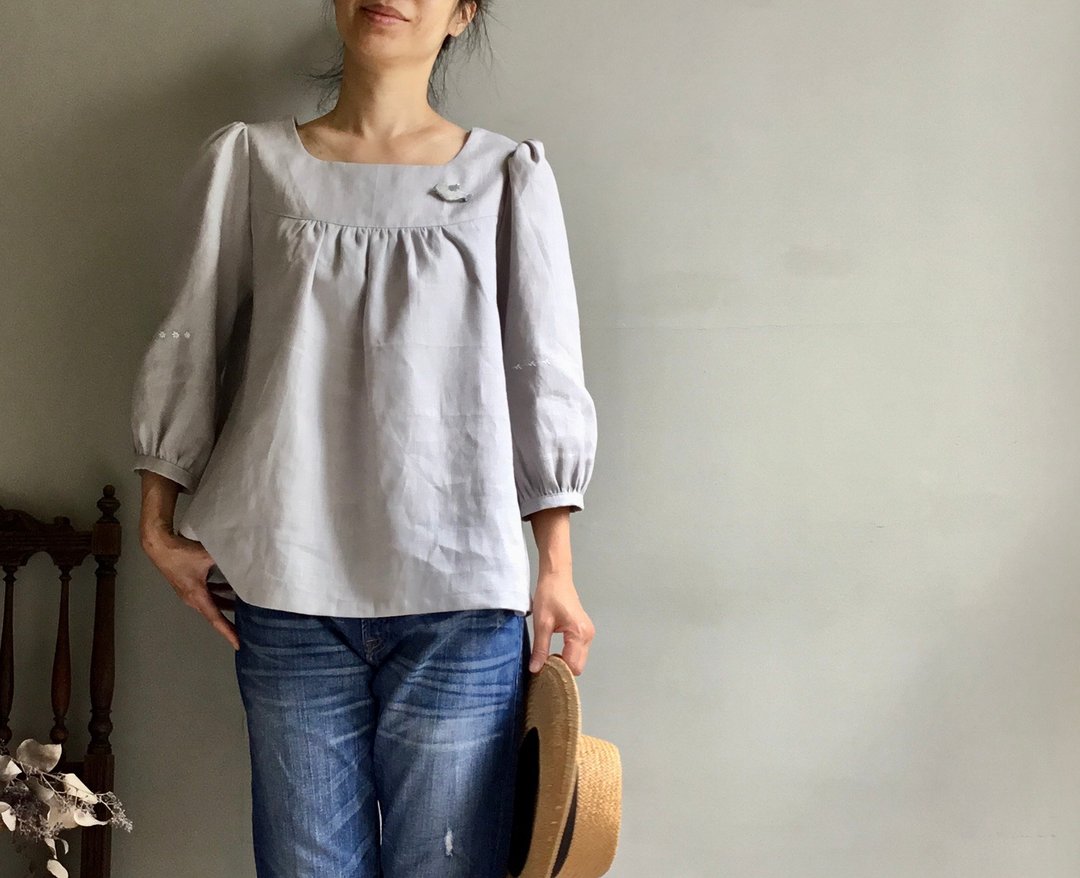 晨雾迷离#刺绣系列#灰色亚麻澎澎袖上衣/小方领七分袖100%亚麻 - 女装上衣 - 棉 