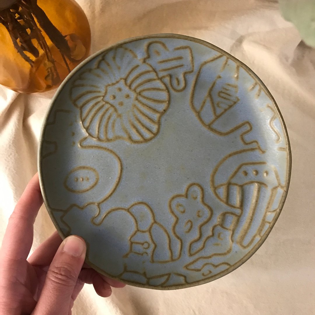 【 小丸 森林 浮雕 】花圈 17cm   古蓝绿釉   点心盘 - 盘子/餐盘/盘架 - 陶 蓝色
