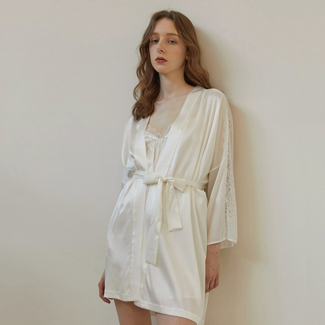 真丝吊带裙睡袍套装送礼 晨袍吊带裙新娘家居服春 - 居家服/睡衣 - 丝．绢 白色