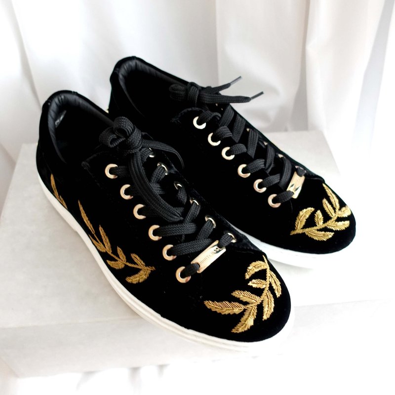 全新 42号 JIMMY CHOO黑色丝绒金色丝线刺绣羽毛平底鞋散步鞋球鞋 - 男款休闲鞋 - 真皮 黑色