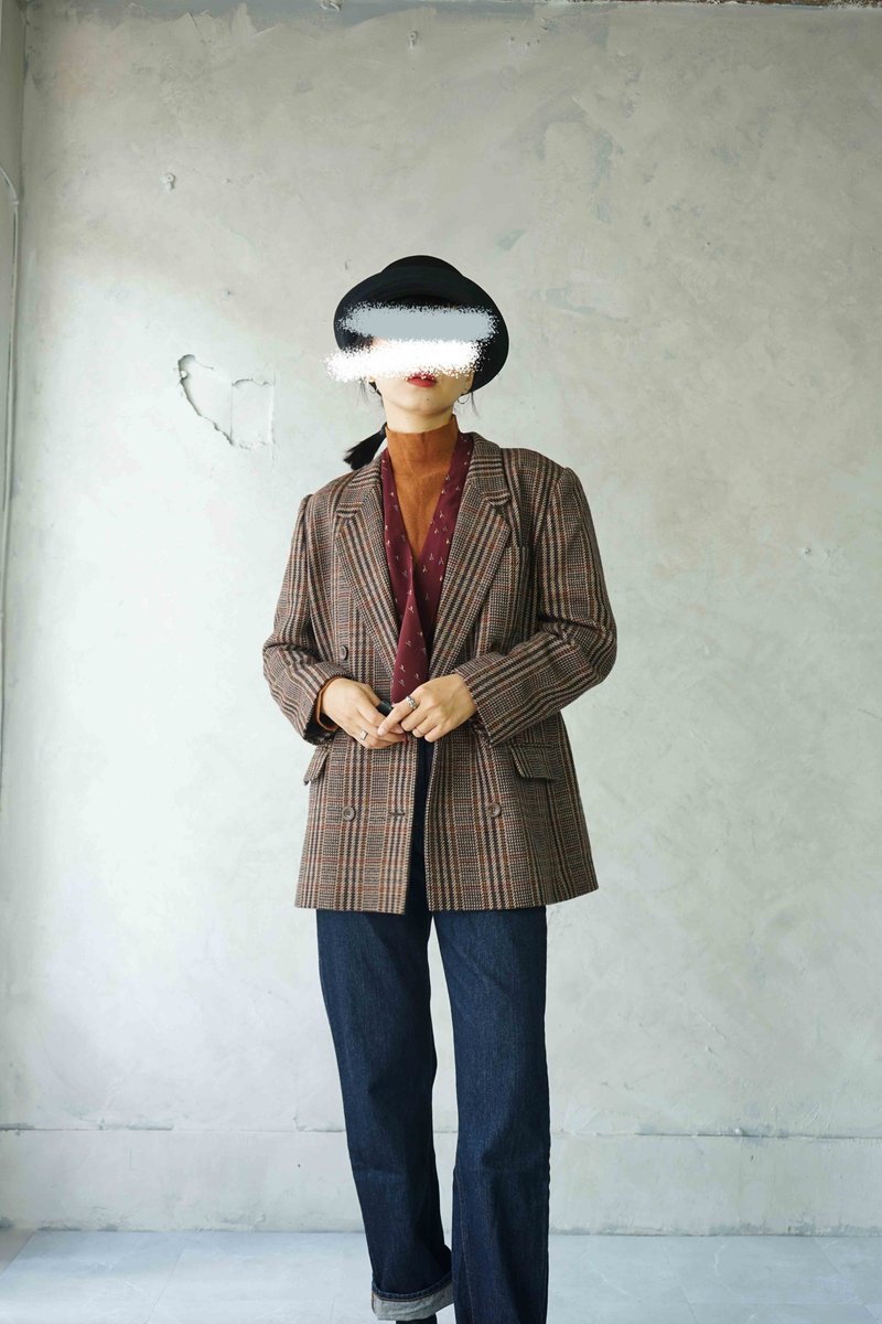 寻宝古着-DAKS经典深棕千鸟格毛料双排扣西装外套 - 女装西装外套/风衣 - 羊毛 咖啡色